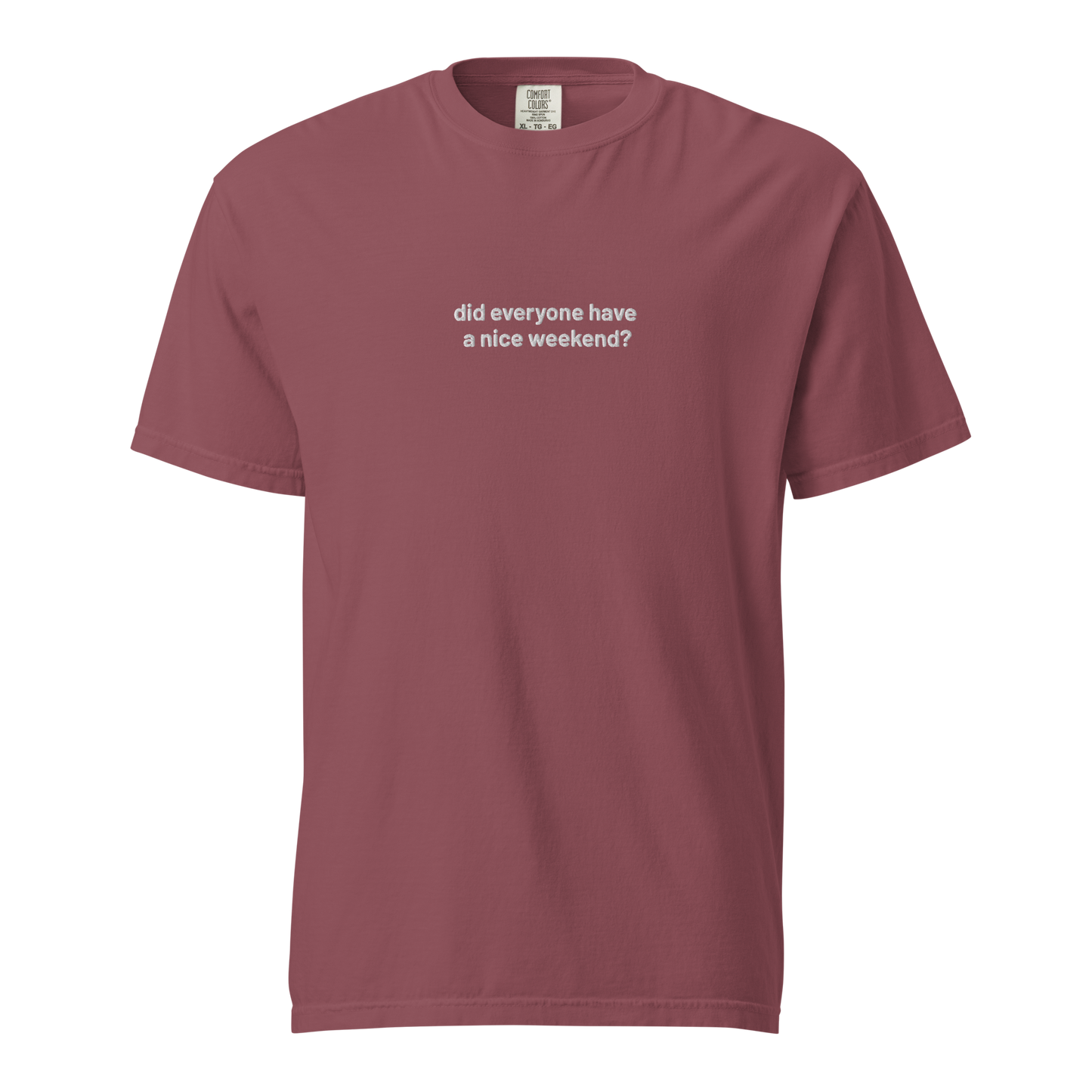 'did everyone have a nice weekend?' embroidered t-shirt
